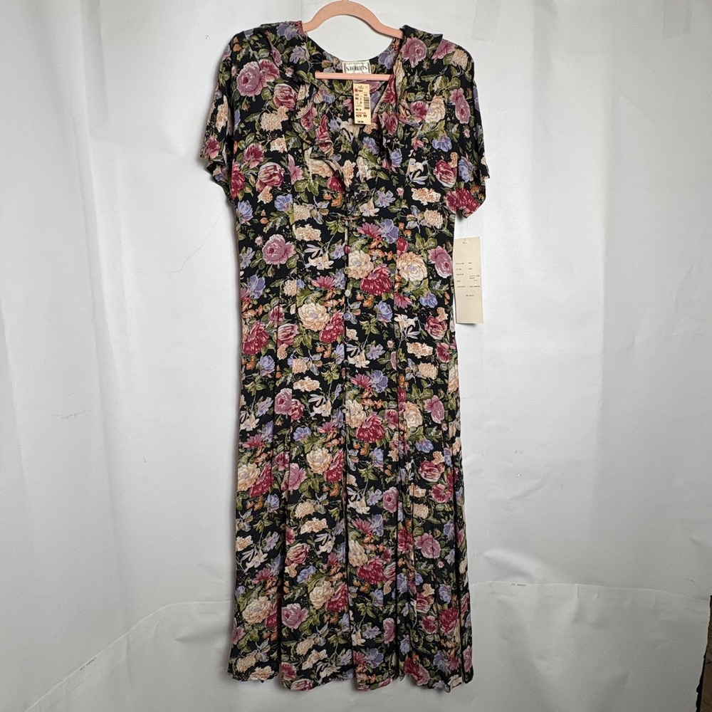 NWT S. Roberts Vintage 90s Dark Floral Maxi Dress Button Front Ruffle 13/14‎